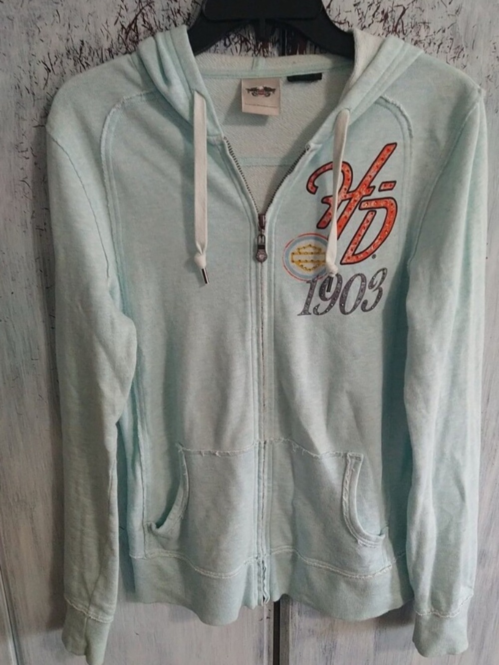 Harley-Davidson Rhinestone Hooded Jacket Blue Medium Motorcycle Y2K